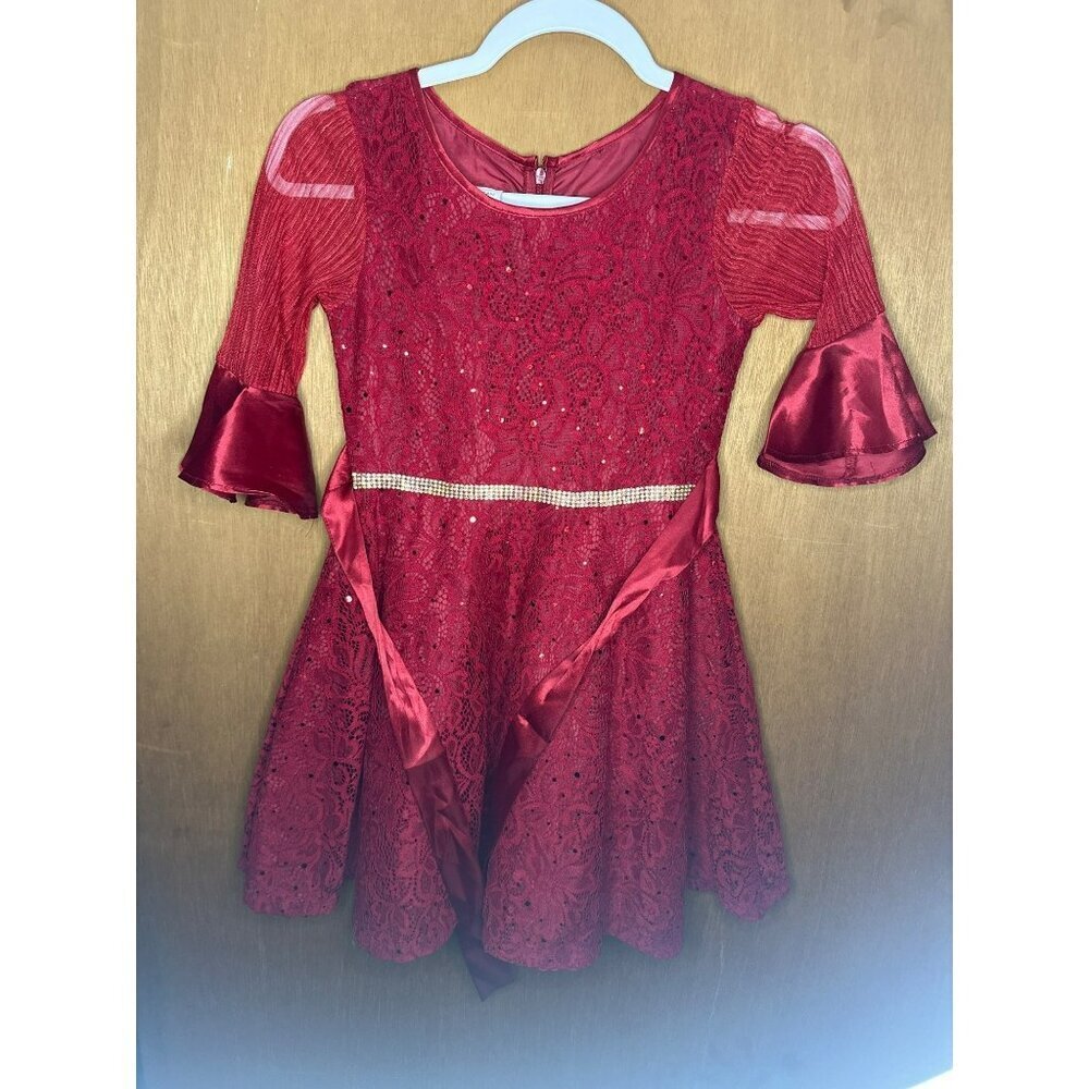 Girls Size 8 Red Holiday Party Dress Lace Sheer Glimmer Sparkle Formal christmas